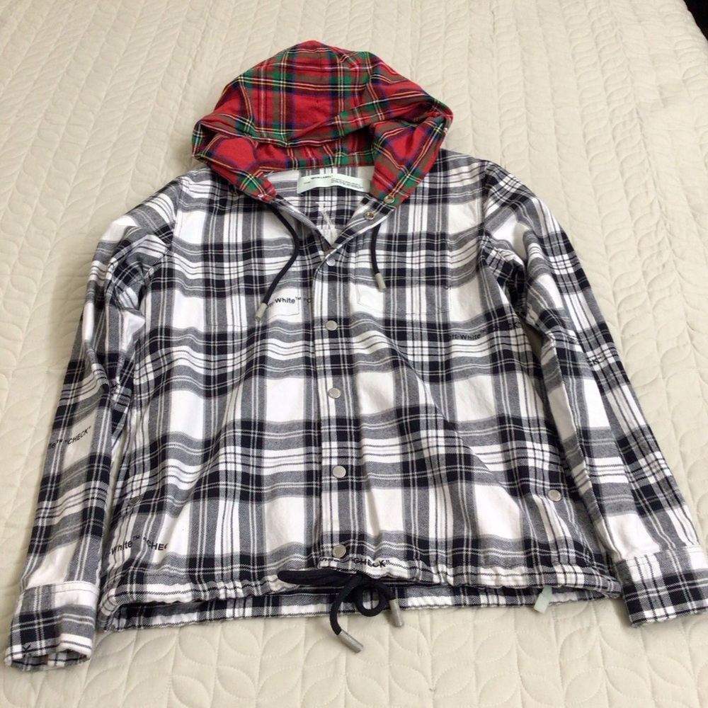 Off-White Multicolor Plaid Jacket with Red Hood